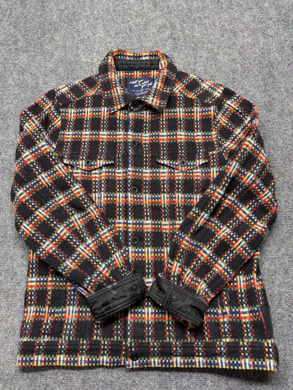 Scotch & Soda Amsterdam Blauw Trucker Jacket Med Multi Plaid Fleece Button Down
